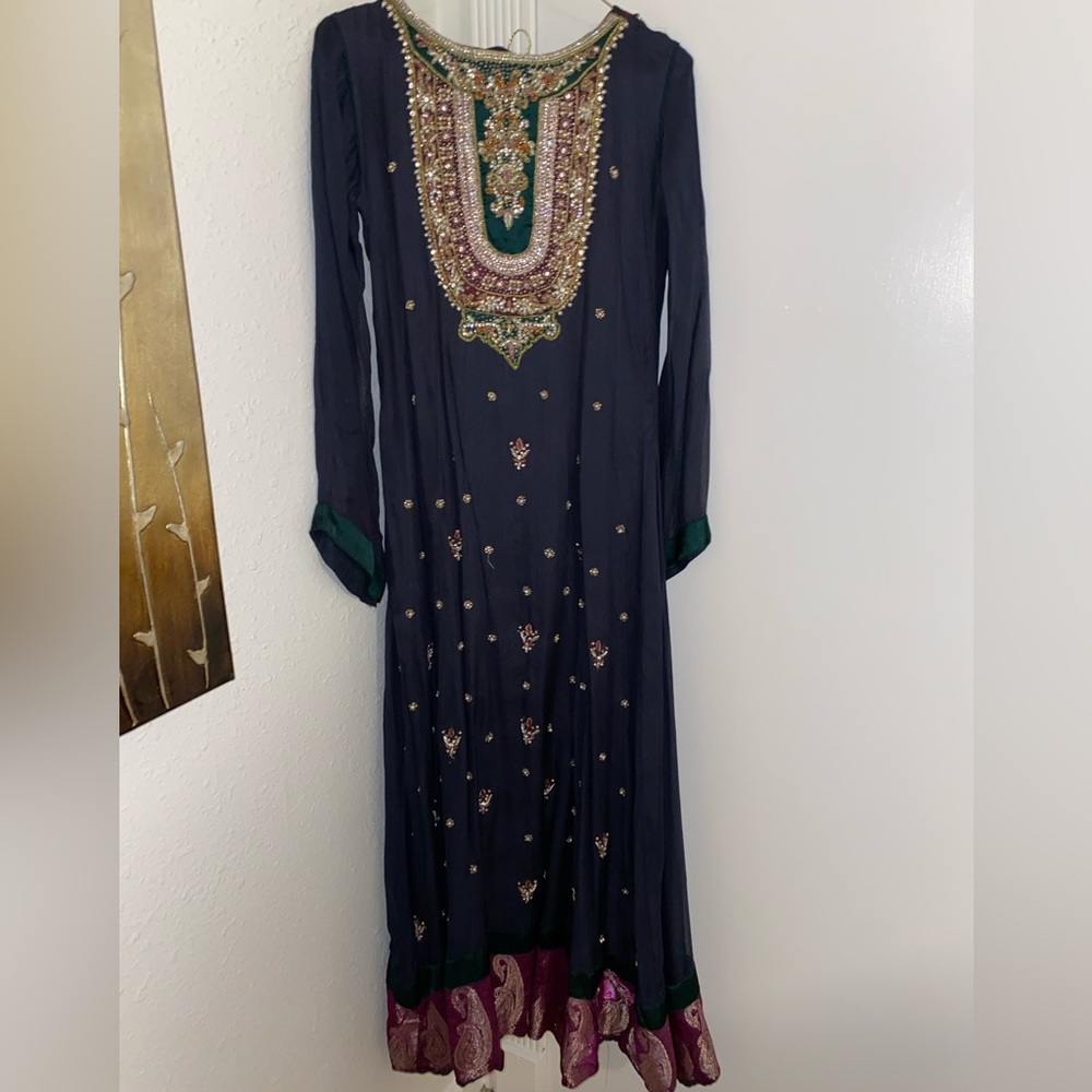 Gray long frock with embellishments on front & back, with trouser & dupatta. - Picture 1 of 4
